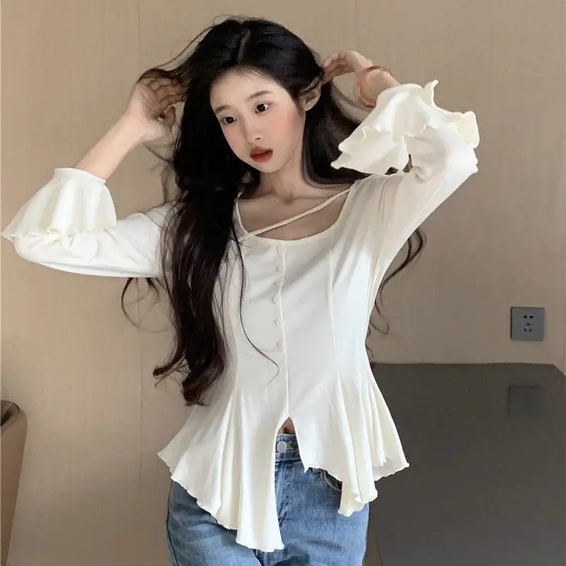 

Irregular Front Shoulder Long Sleeve Spring and Autumn 2025 New Korean Version Loose Slim Flared Sleeve Top Black Ears
