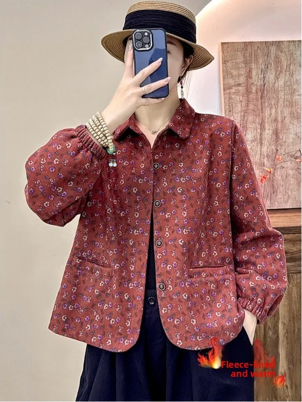 

Artistic Vintage Printed Long Sve Women's Jaet Autumn Winter Faion Ladies' Coat Sli Fene Warmth