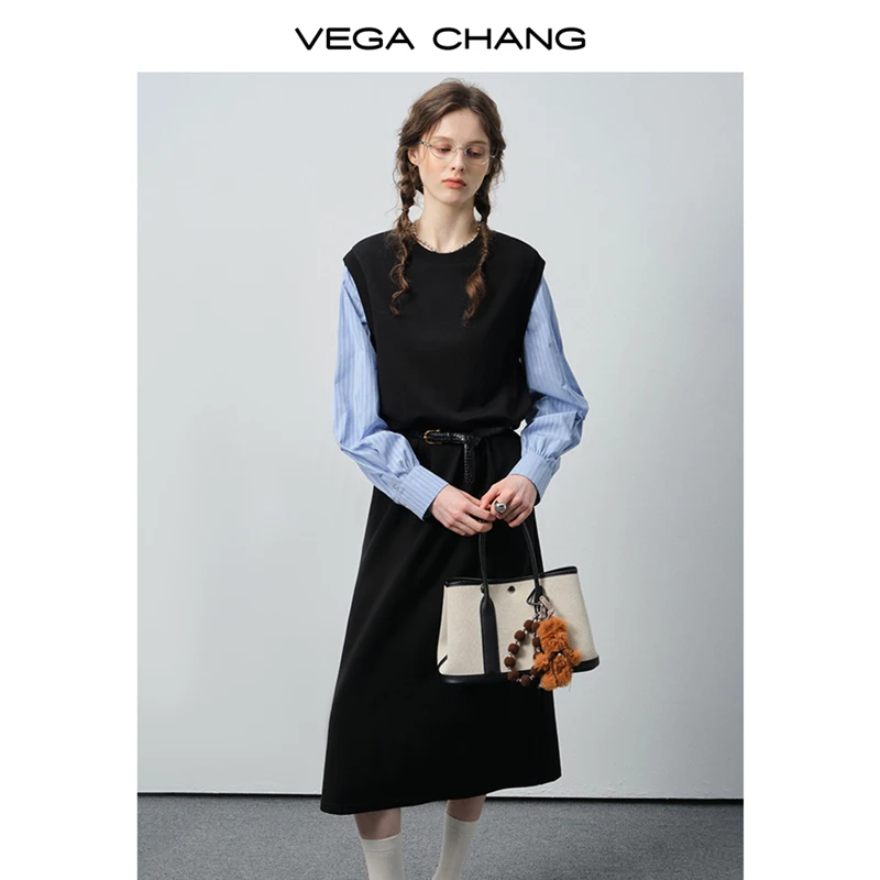 فستان Vega Chang للخريف والشتاء الجديد بأكمام طويلة وأكمام طويلة مع أكمام زرقاء، فستان طويل أنيق بتصميم كلاسيكي بسيط [الحزام غير متضمن]