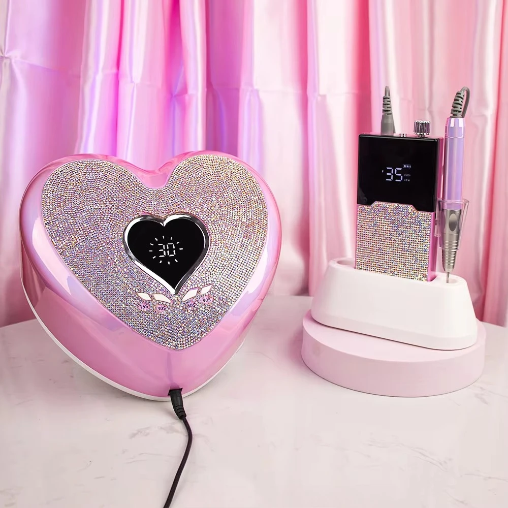 

96W Diamond Pink Heart Shape UV LED Nail Lamp with Rhinestones Professional UV Gel Dryer