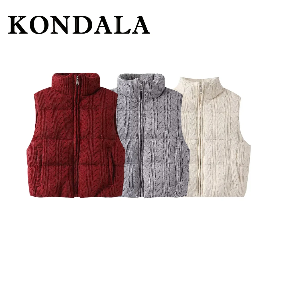Kondala moda 2025 inverno sólido algodão colete malha zíper streetwear gola alta bolsos sem mangas jaqueta casual chique outwear
