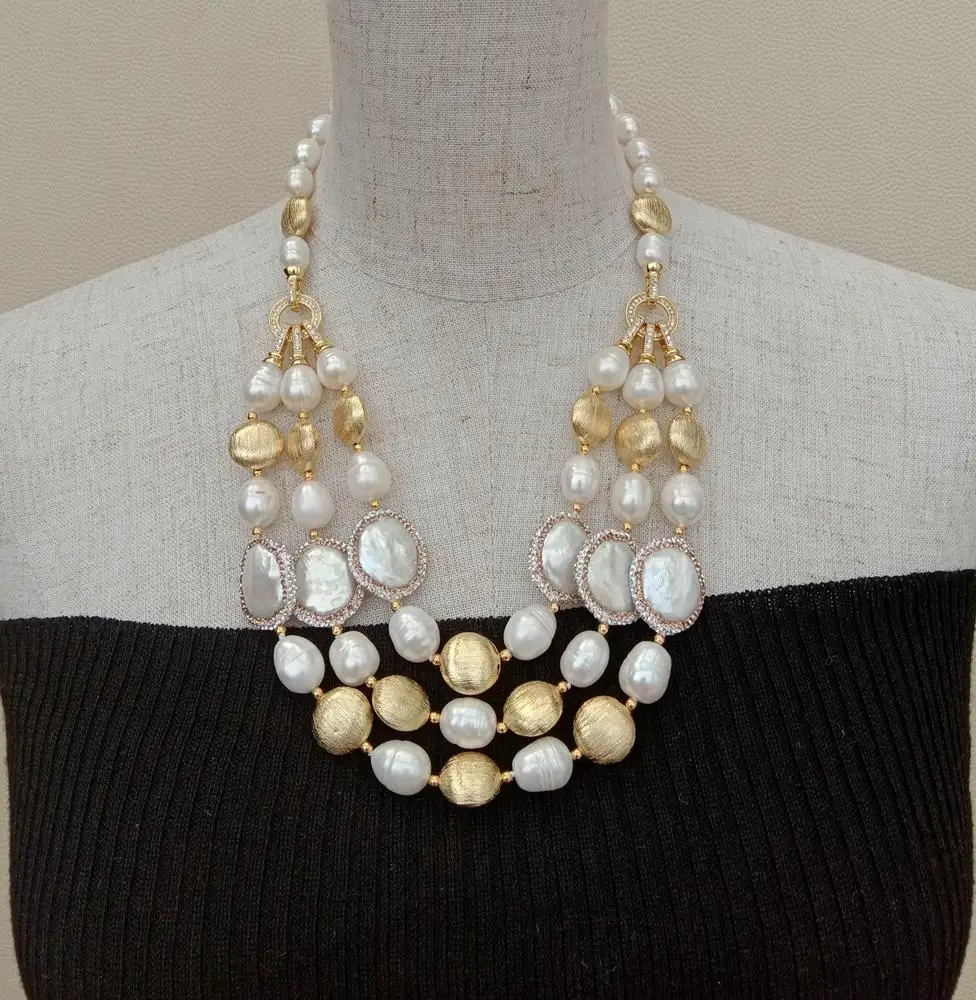 3 Rows Freshwater Cultured White Rice Pearl White Coin Pearl Necklace For Women classic wedding party for women