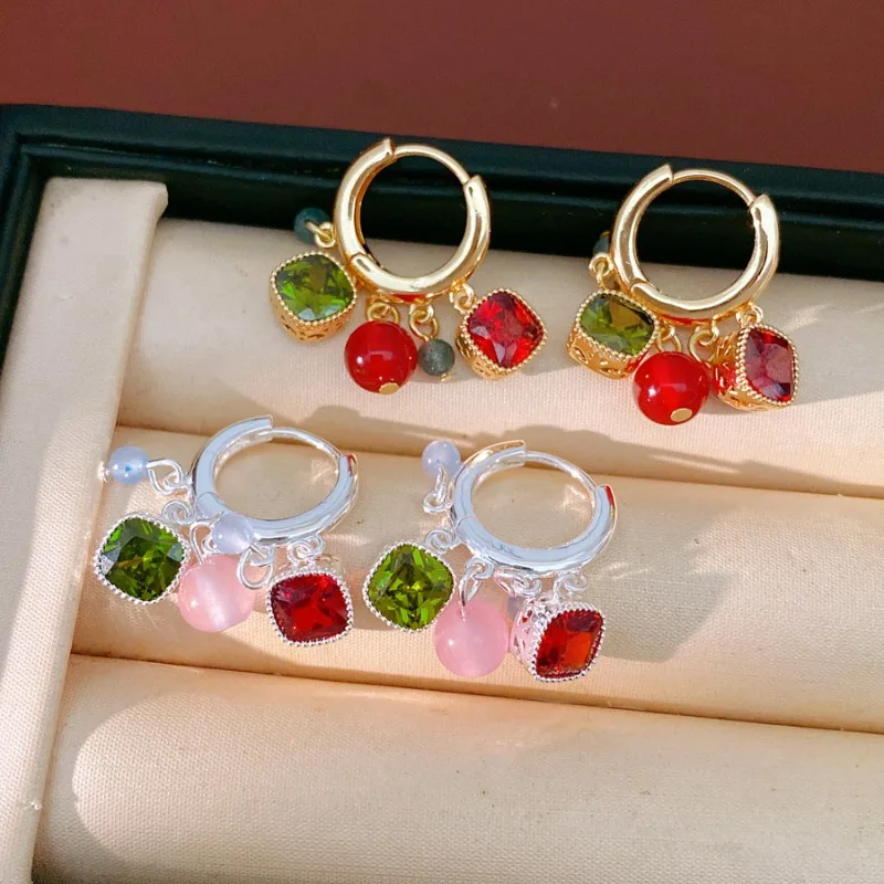 

New French Style Contrast Color Zircon Drop Earrings Luxury Temperament High Quality Shiny Elegant Jewelry for Women