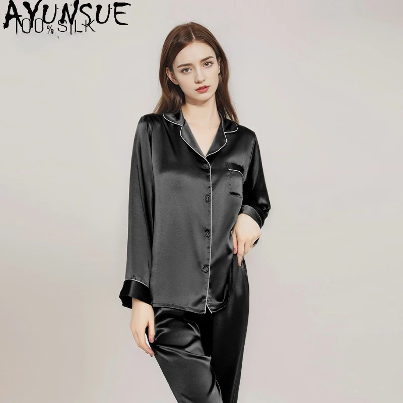 

AYUNSUE 16 мм, 100% натуральный шелк, женская одежда для сна, повседневные длинные брюки и топ, летний пижамный комплект, комплект из двух предметов, женская пижама