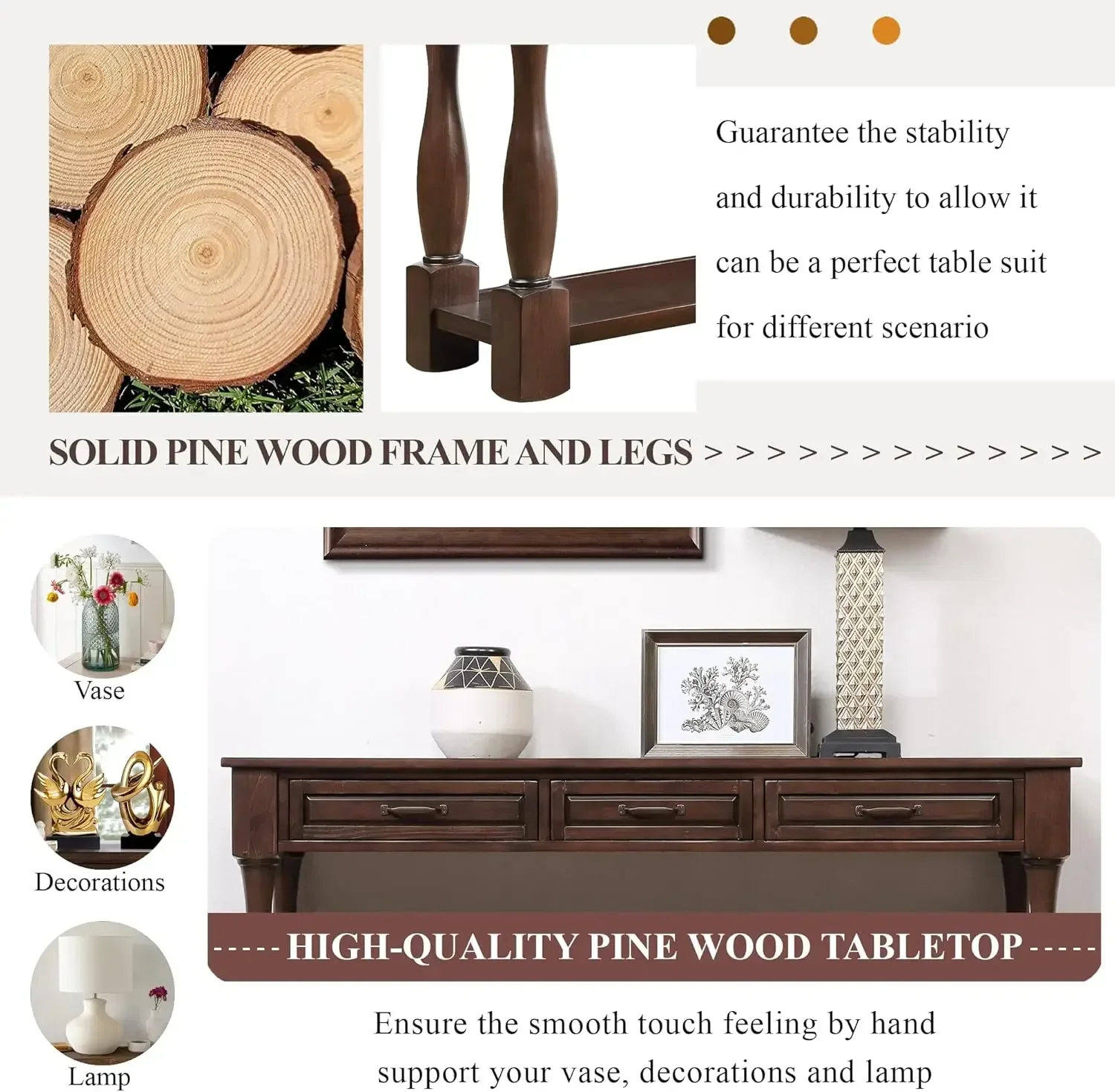 신상품 입고, 할인된 가격! ]63인치 목재 롱 콘솔 테이블(서랍 3개 및 하단 선반 1개 포함), 엔트용 매우 두꺼운 소파 테이블