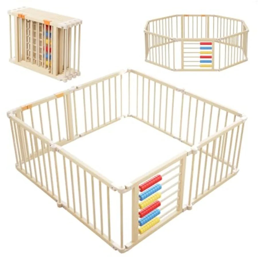 

Baby PlaypenWooden Foldable Playpen for Toddlers and Babies with Locking Gate 8 Panels Baby Fence Indoor Play Yard with Abacus