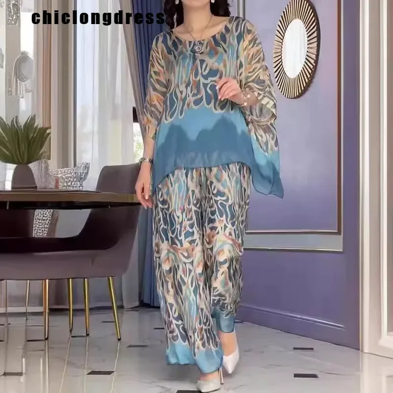 

Летний модный комплект из двух предметов с принтом, Женский Повседневный свободный шифоновый топ, широкие брюки, комплект из двух предметов для женщин