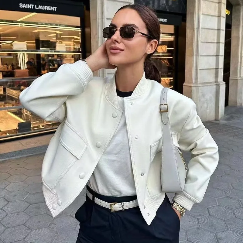 

Women's Bomber Jacket Fashion With Pockets Spring Autumn Jackets Coat Vintage Long Sleeve Casual New In Outerwears Chic Tops