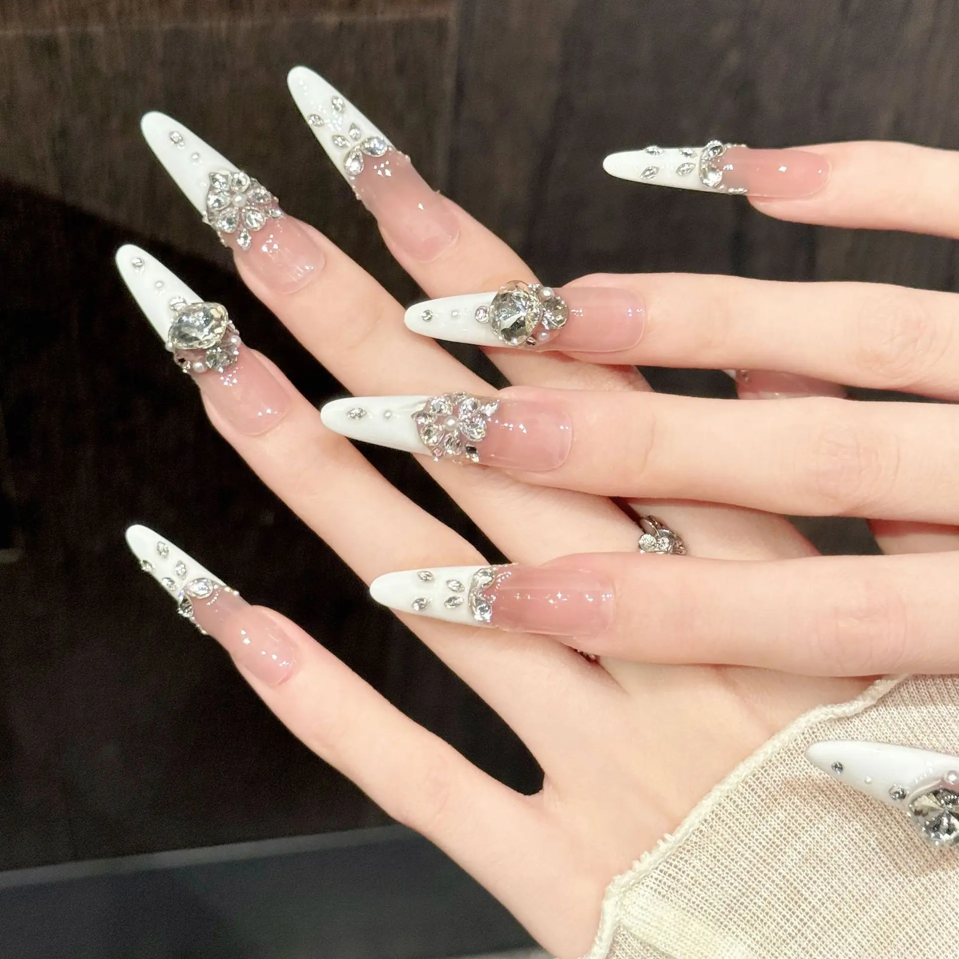 10pcs Handmade False Nails Elegant Nude Pink Gradient French Tip Press On Nails 3D Large Diamond Decor For Women Luxury Reusable view 5