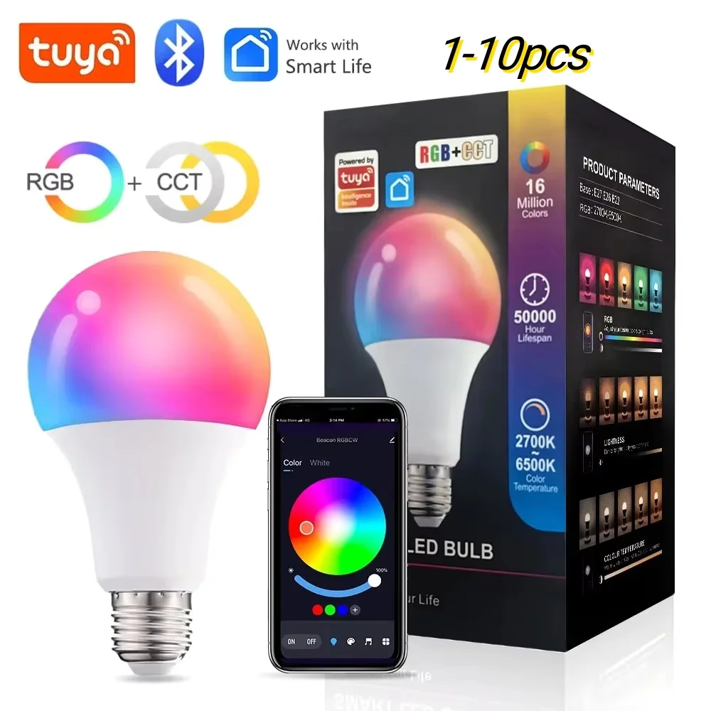 1-10pcs Tuya E27 Led Light Bulbs Bluetooth Smart Bulb 9W Color Change Dimmable RGB Led Lamp 220V 110V Smart Life App Control A60