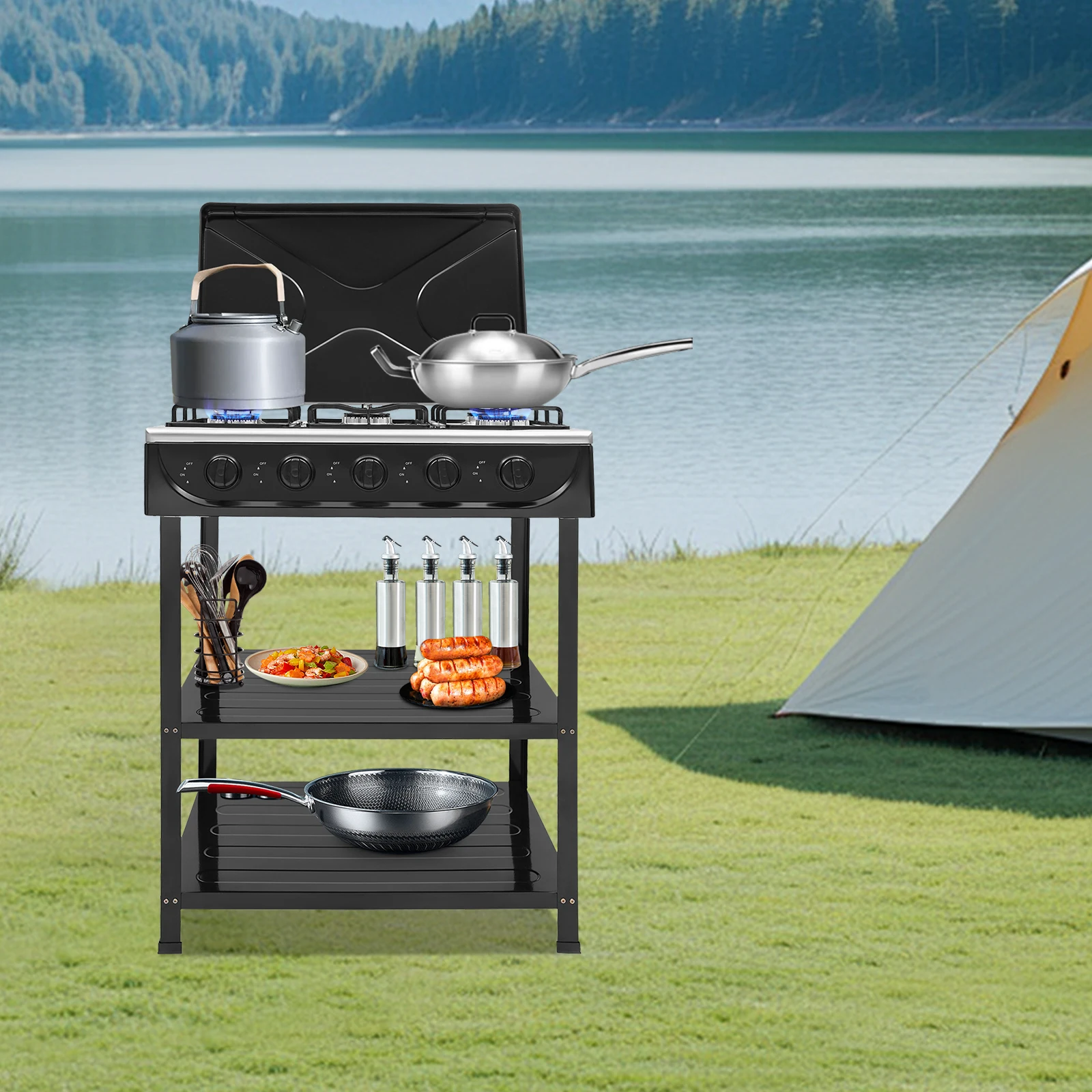 

5-Burner Portable Natural Gas Stove Black with Support Leg 2-Tier Rack for Home Outdoor Camping Cafeteria, BBQ