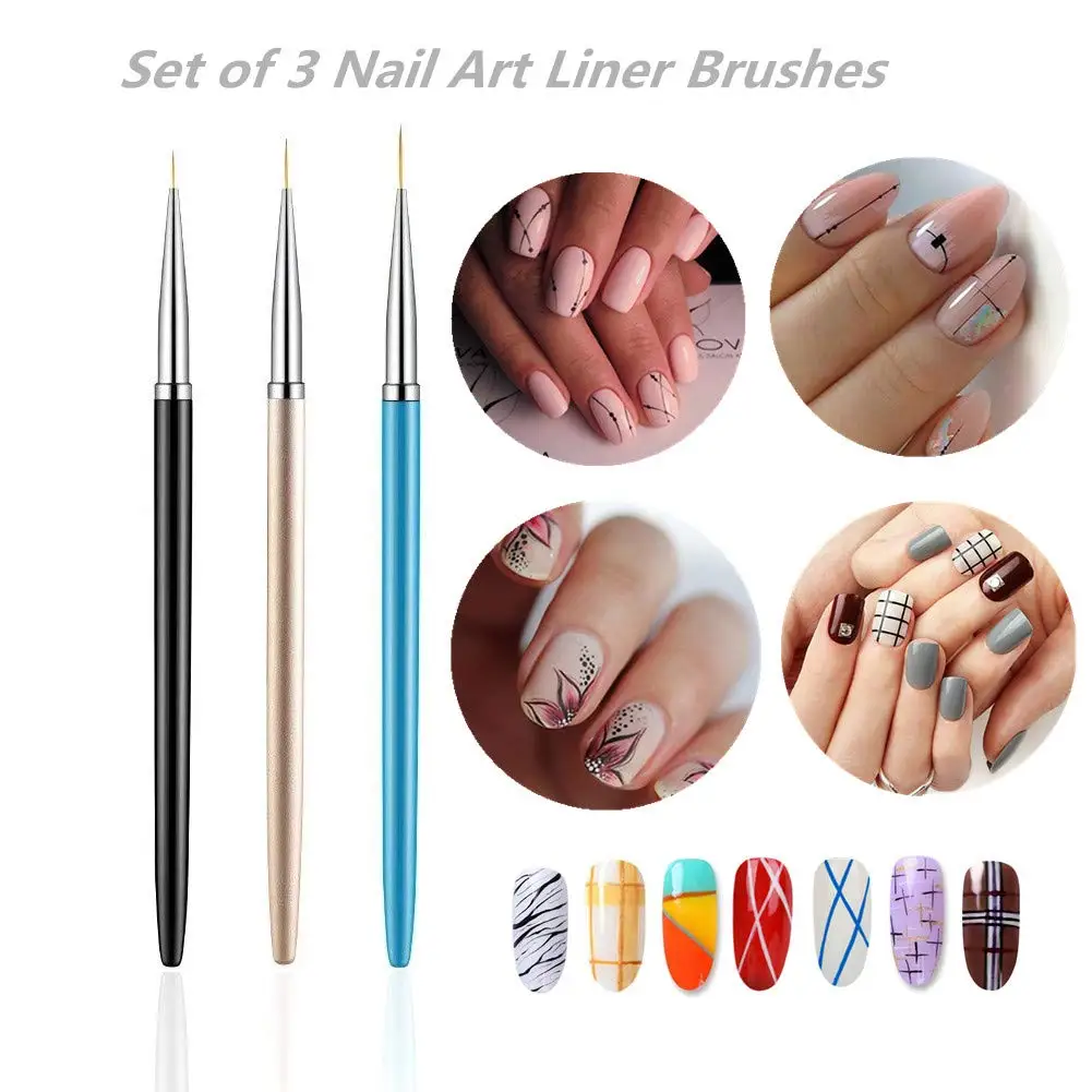 YIKOOLIN 3Pcs French Stripe Nail Art Ultra-thin Painting Brush Set 3D Tips Line DIY Drawing Pen UV Gel Brushes Manicure Tool