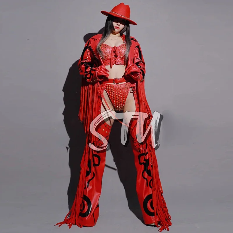 Punk Rivet Bikini Fringed Coat Hollow Out Pants Carnival Clothing Drag Queen Costume Singer Performance Stage Outfit