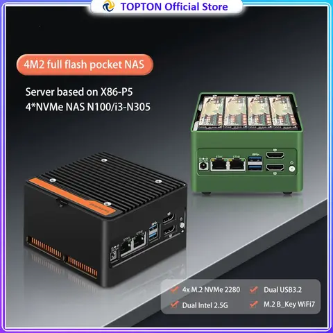 Topton 6-Bay Pocket Mini PC Intel i3 N305 N150 N100 Firewall PC NAS Server 4xM.2 NVMe 2xSATA3.0 DDR5 2x2.5G LAN 2xUSB3.2 2xHDMI
