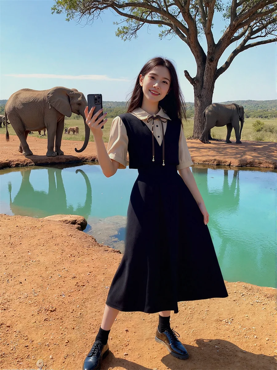 Vestidos femininos casuais e de dia estilo preppy cáqui meia panturrilha plissado à mão babados franzido smocking em camadas empilhados