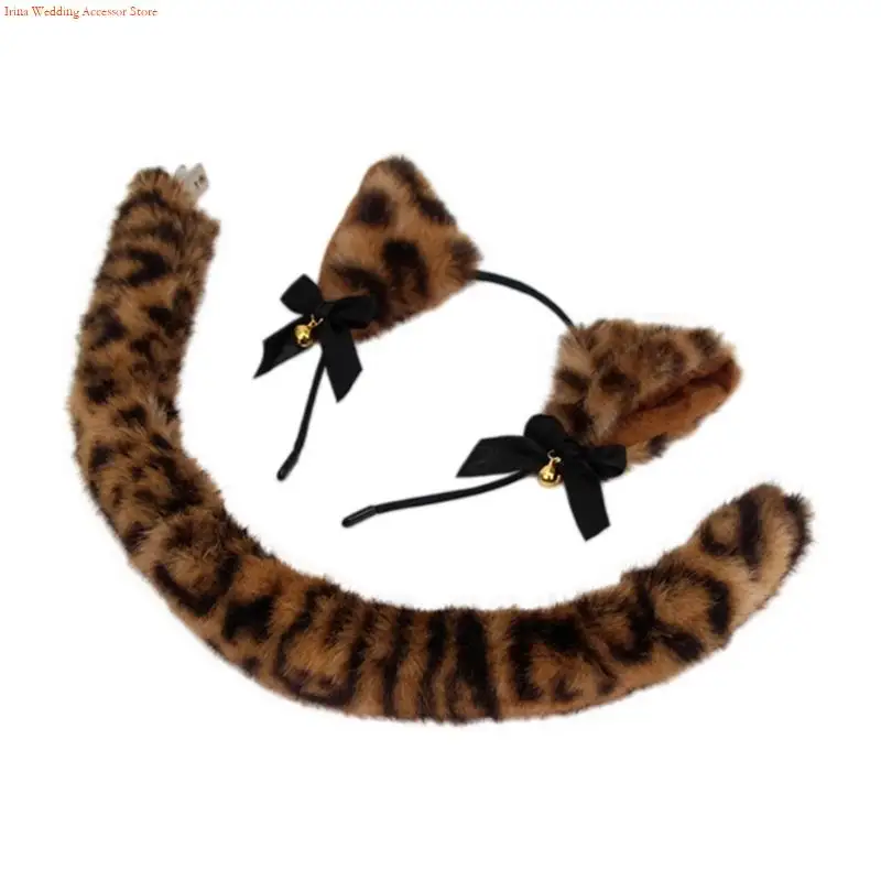 G92D Cats Costume Accessories Faux Furs Foxes Tail and Ears Headband Set Animal Halloween Cosplay Costume for Women Men Gift
