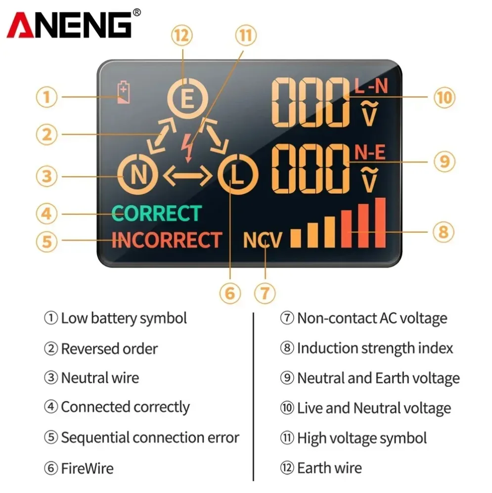 

ANENG AC11 Socket Voltage Detector Test Ground Zero Line Phase Check Rcd NCV Test Digital Smart Socket Tester EU Plug