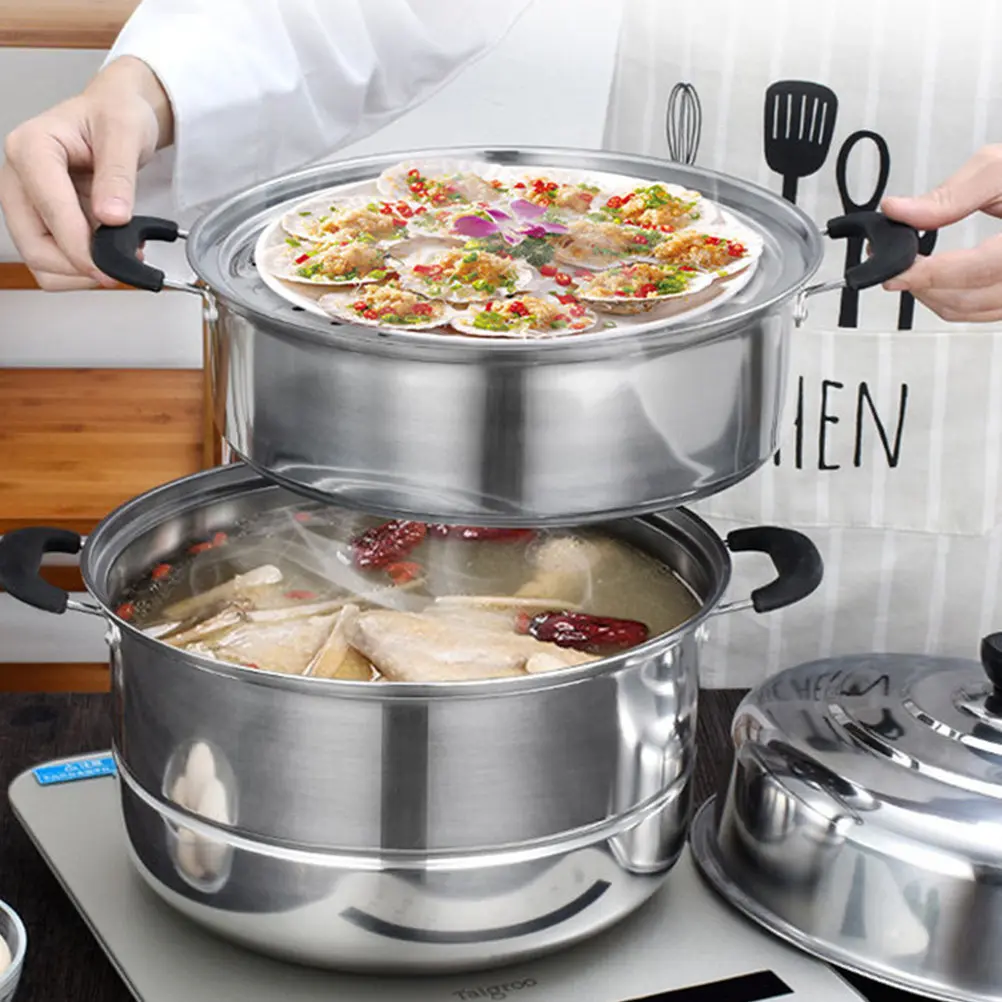 

1Pcs Three Layers Stainless Steel Steam Pot Stackable High Capacity Tempered Glass Lid Healthy Cooking Pot for Home Use