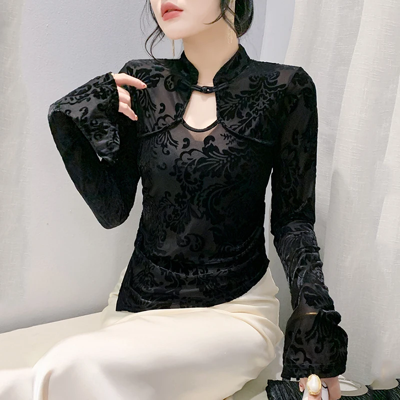 #7391 Black Vintage Mesh Long Sleeve T Shirt Women Stand Collar Chinese Style Irregular Tshirt Female Split Joint Short Tee Thin