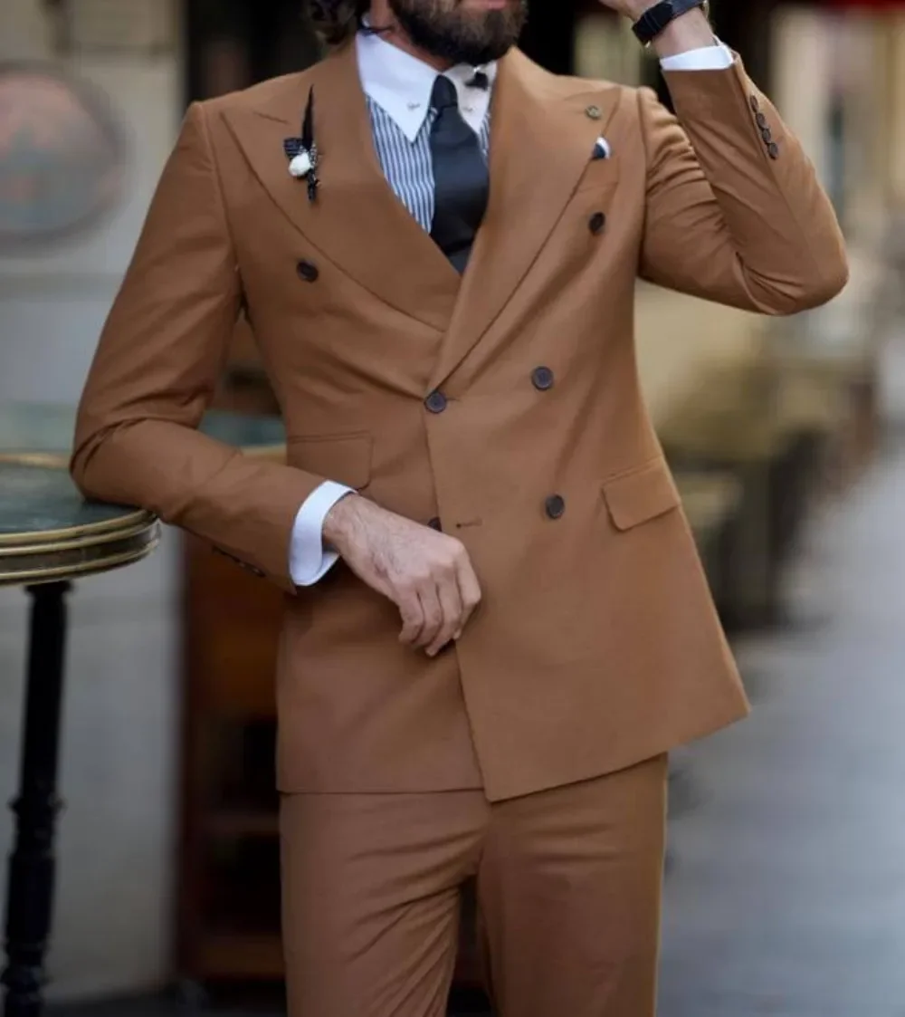 

New Peak Lapel Men Suits Double Breasted Formal Blazer Set For Wedding Party Formal Wear Custom Made Slim Fit Two Pieces