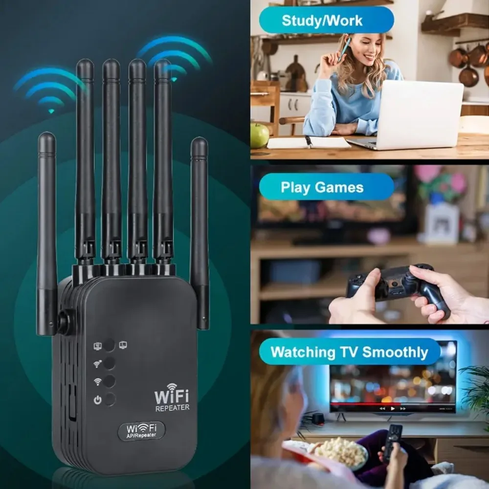 High‑Speed WiFi Range Extender With 6 High‑Gain Antennas 360° Whole Coverage Signal Amplifier One‑Key Setup Supports 64 Devices