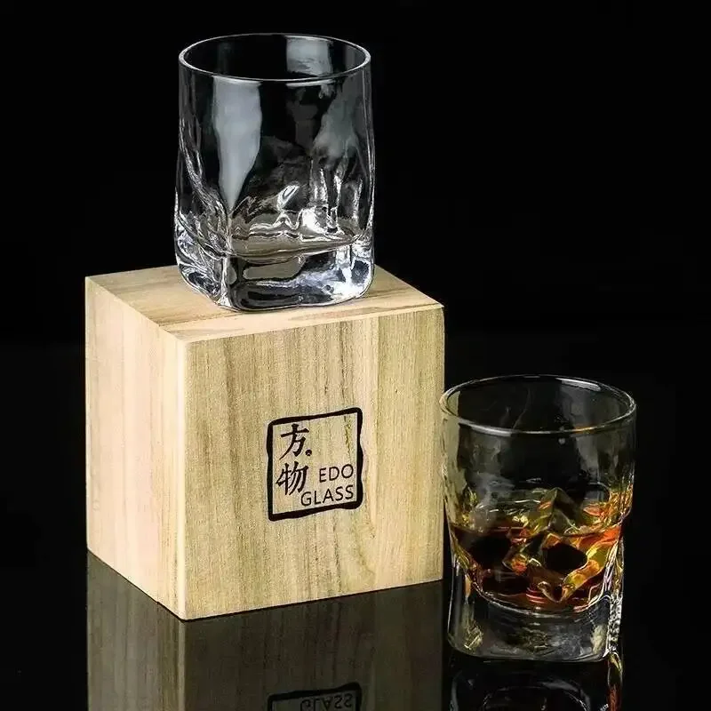 FANDWU Whiskey Glasses Wood Box Japanese Retro Tasting Wineglass Gift Square Bottom Round Mouth Whisky Tumbler XO Brandy Snifter