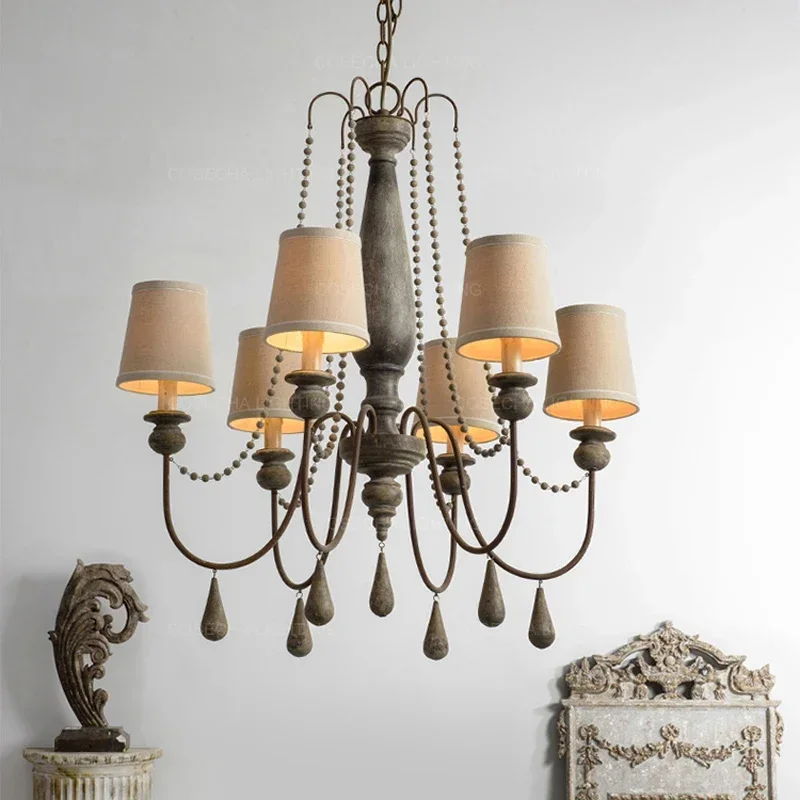 French Linen Fabric Ceiling Chandeliers Vintage Wooden Beaded Pendant Light Bedroom Living Room Restaurant Kitchen Hanging Lamps