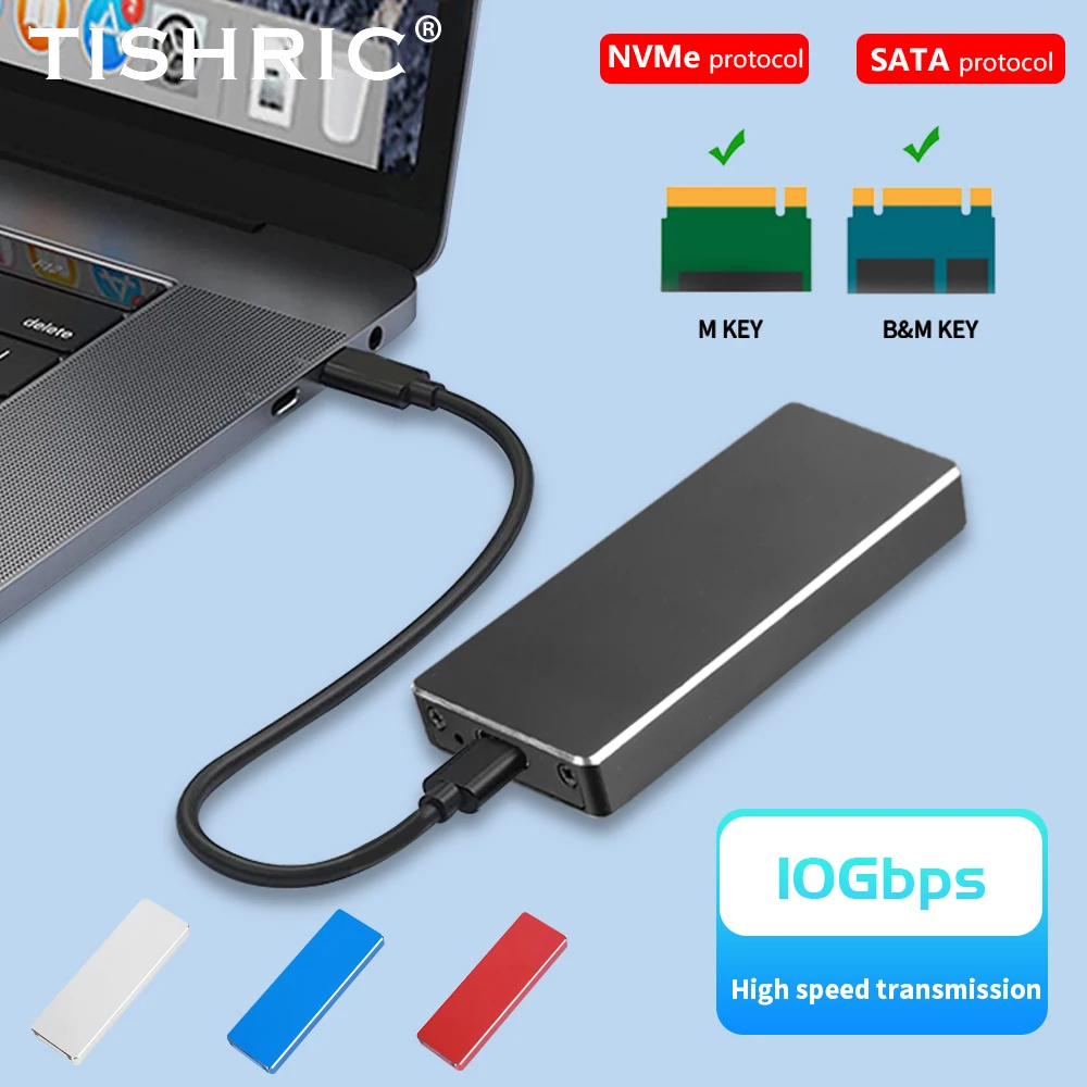 

TISHRIC Aluminum Alloy External Hd Case Support Dual Protocol M2 NVME NGFF SATA SSD NVME SSD to USB 3.1 Enclosure For M.2 SSD