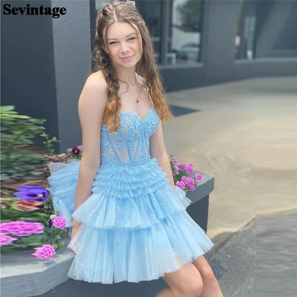 

Sevintage Hearty Sky Blue Prom Dresses Tulle Strapless Tiered pleat Ruched Above Knee Homecoming Dresses vestidos de graduación