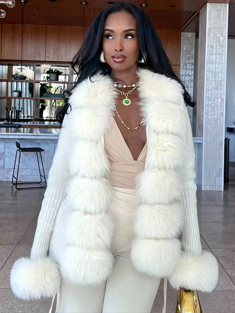 

Trendix Fur Neck Cardigan Sweater Women Winter Fashion Patchwork Long Sleeve Knit Jacket Street Elegant Solid Warm Sweater Coat