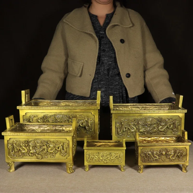 Brass nine-dragon incense burner for incense offerings, rectangular incense burner for ancestral worship, pure copper incense ho