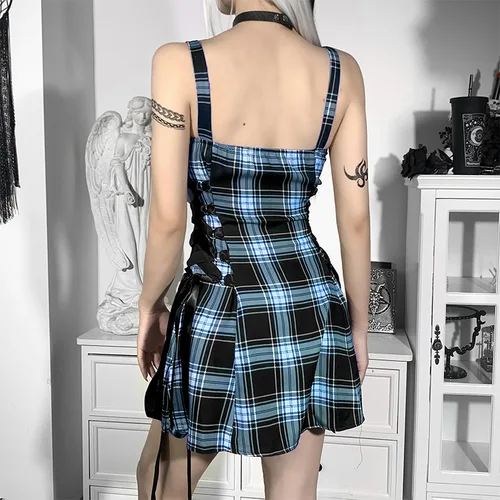 Imagen 2 del producto Vestido Mini Estilo Gótico Y2K con Estampado a Cuadros Azules, Lazada Lateral, Cremallera Central, Corte en A, Estilo Bustier, Sin Mangas, para Mujer