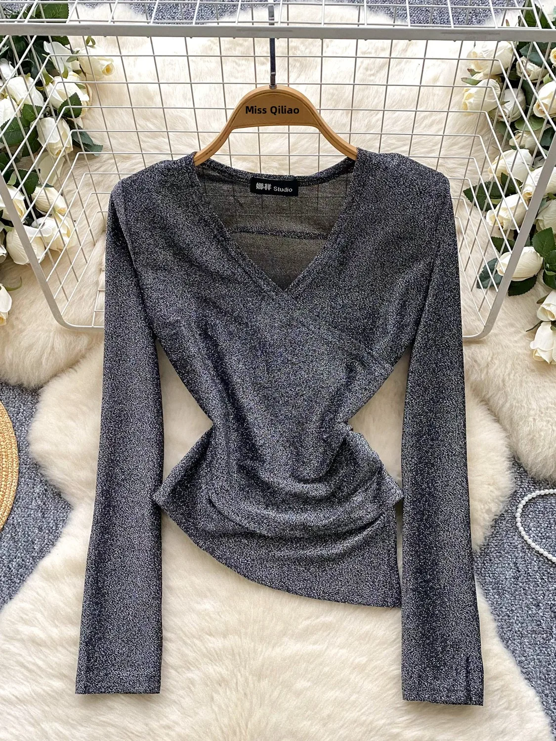 Elegant Long Sleeve Women's Shirt Slim Fit Cross Neck Design Feel Comfortable Breathable Polyester Fiber Commute Style