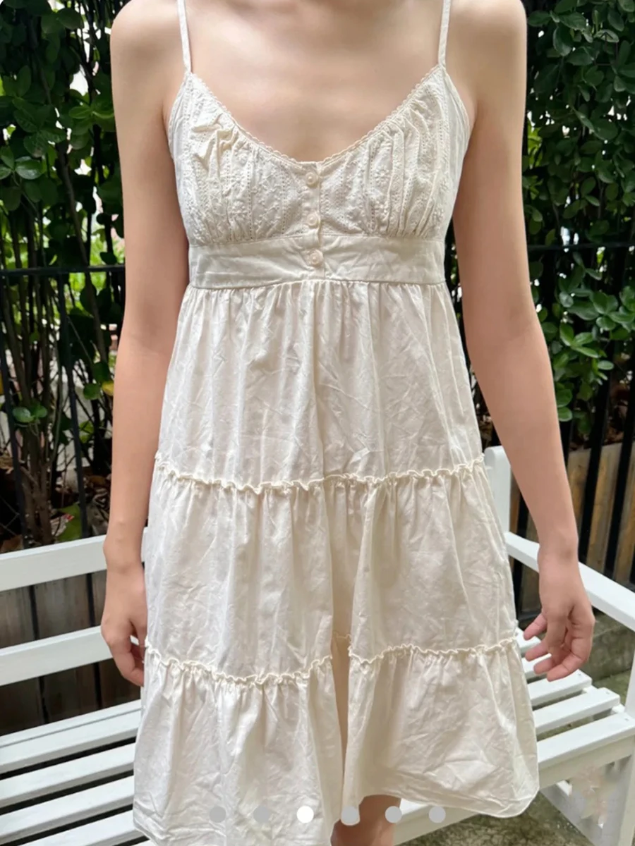 花刺繍レーストリム A ラインドレス女性新しいレースアップボタンノースリーブミニドレスプレッピースタイル甘いショート Vestido Y2K