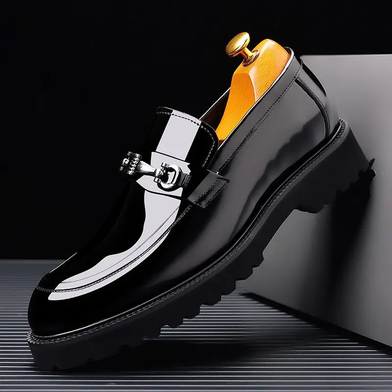 

New Men Genuine Leather Casual Shoes Patent Leather Thick-soled Dress Shoes Cool Pointed Toe Wedding Shoes