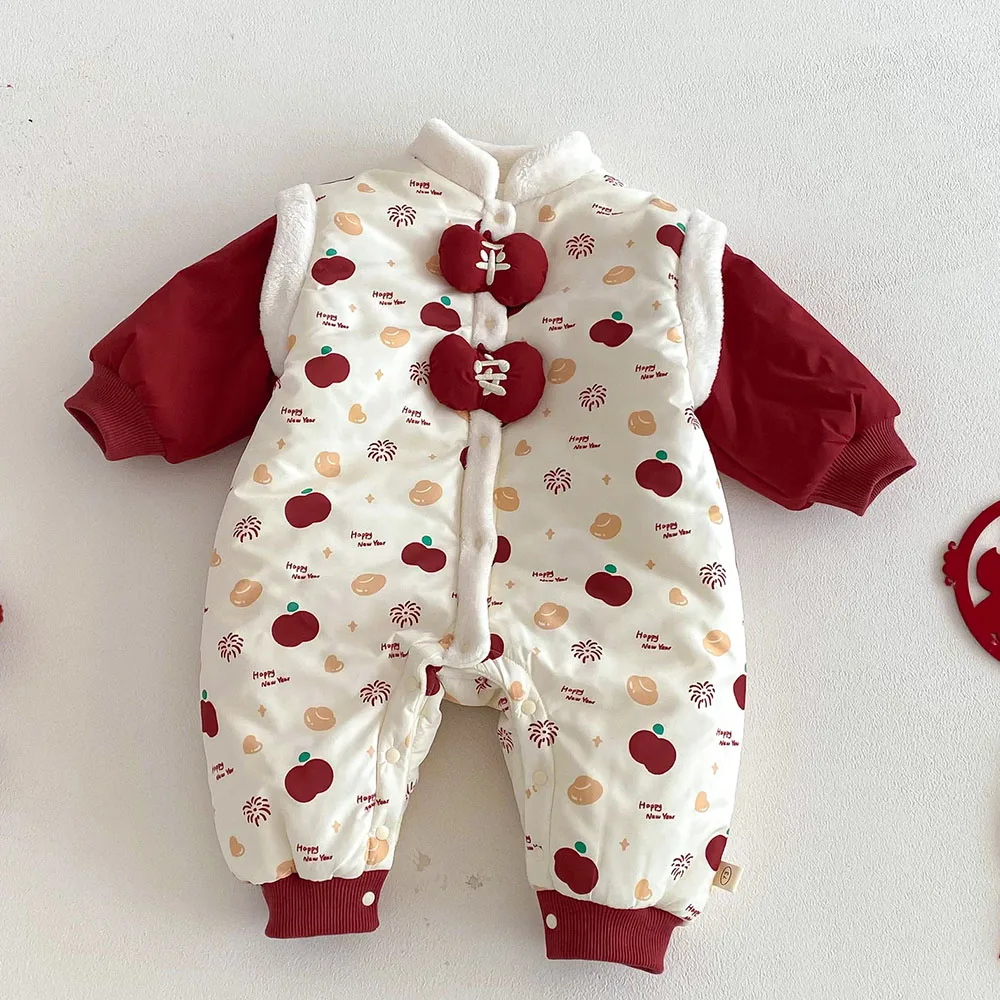 Baby Winter Clothes Girl Christmas Romper Long Sleeve Velvet Patchwork Chinese Style New Year Baby Boy Jumpsuit