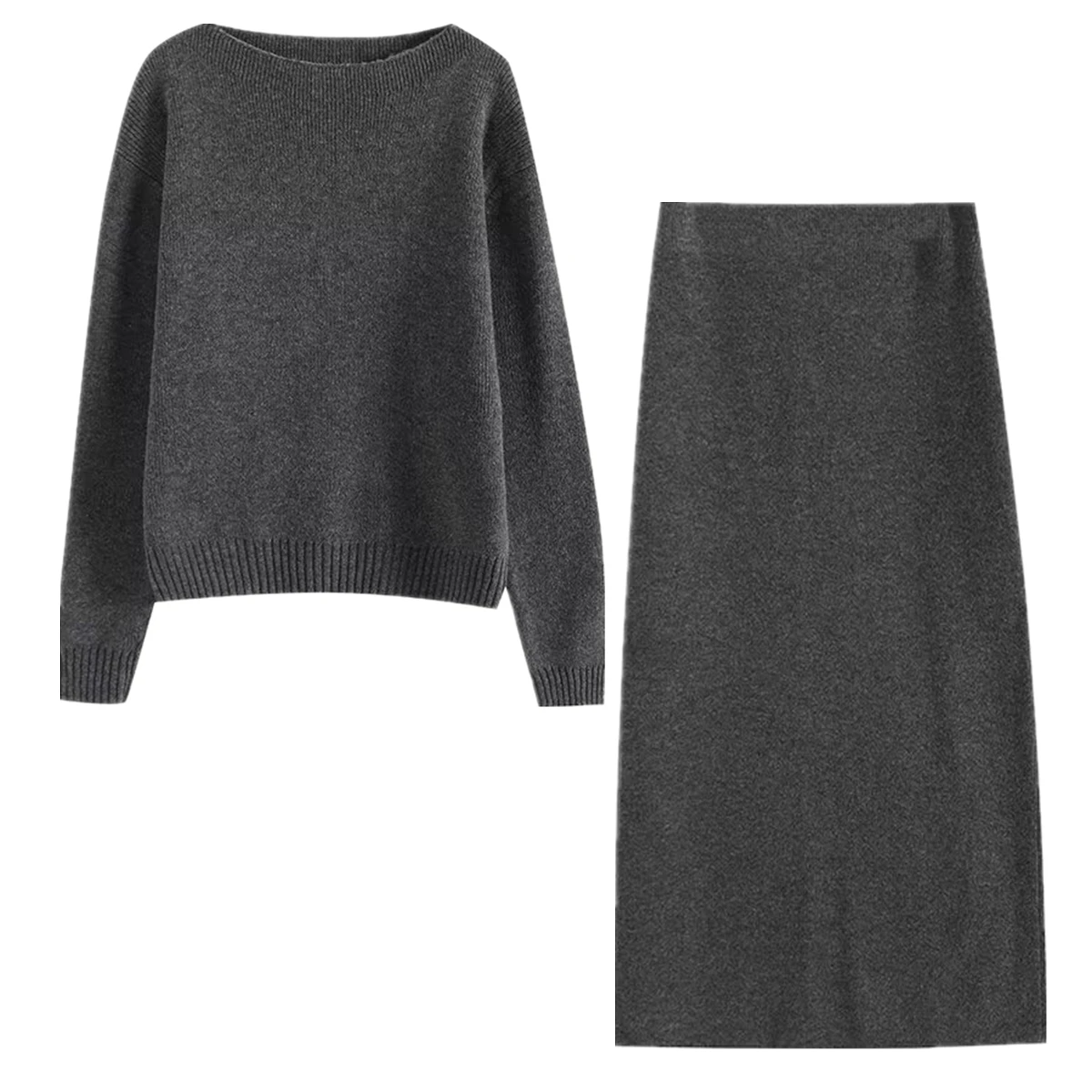 

Maxdutti 2024 Winter Minimalist Women's Knitted Two-Piece Set French Elegant Gray Sweater Skirt Set Women