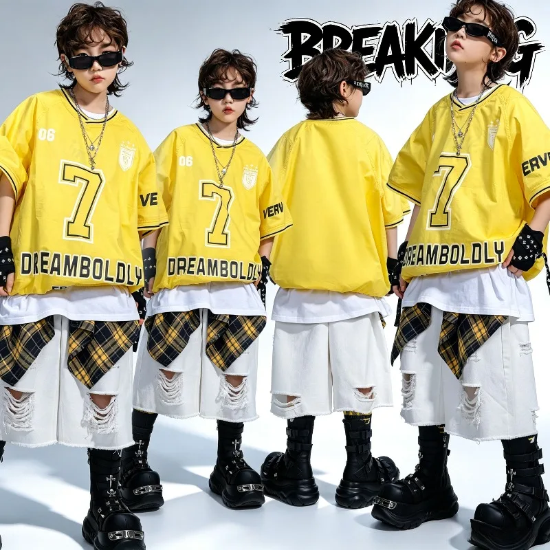 Kids Kpop Hip Hop Clothing Yellow V Neck Elastic Hem Top T Shirt White Distressed Shorts Girl Boy Jazz Dance Costumes Stage Wear