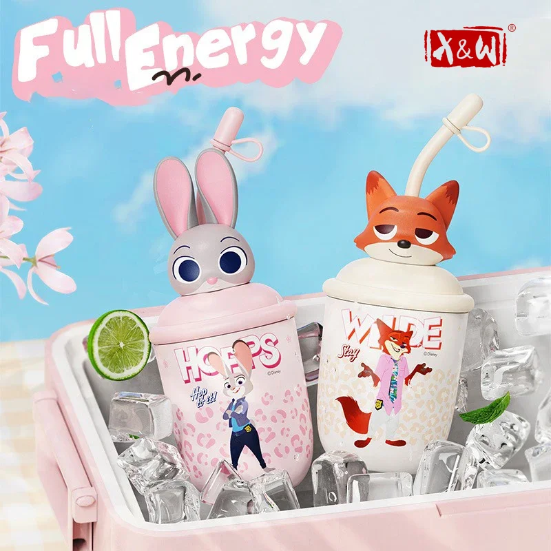 

Термокружка X&W Disney с вакуумной изоляцией, термос для кофе, кружка с изображением Ника и Джуди, из нержавеющей стали 316, с трубочкой, подарок для девочек