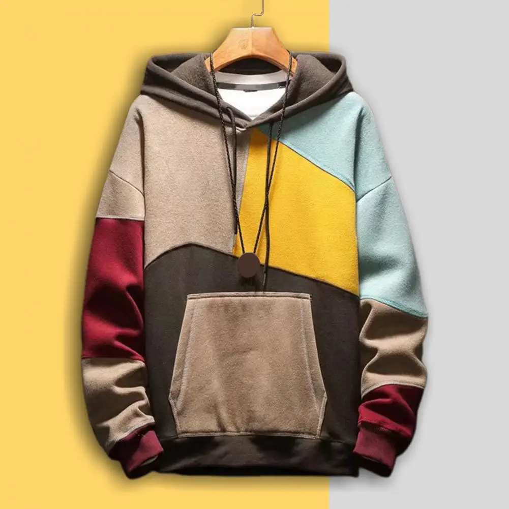 

Color Matching Thin Fleece Hooded Solid Color Men Hoodies Fleece Warm Mens Sweatshirt Young Style Loose Breathable Pullovers