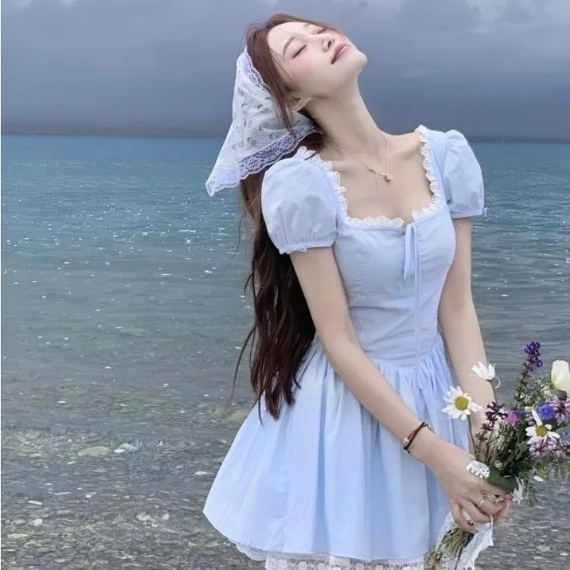

Summer Sweet Y2k Mini Dresses Women Lace Patchwork Short Sleeve Elegant Bandage French Style Short Party Dress Female