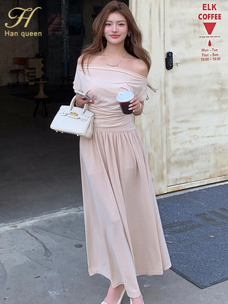 

H Han Queen Summer New 2-piece Sexy Slash Neck Top +Fashion Big Swing Skirt Evening Party Casual Simple Women Suit Skirt