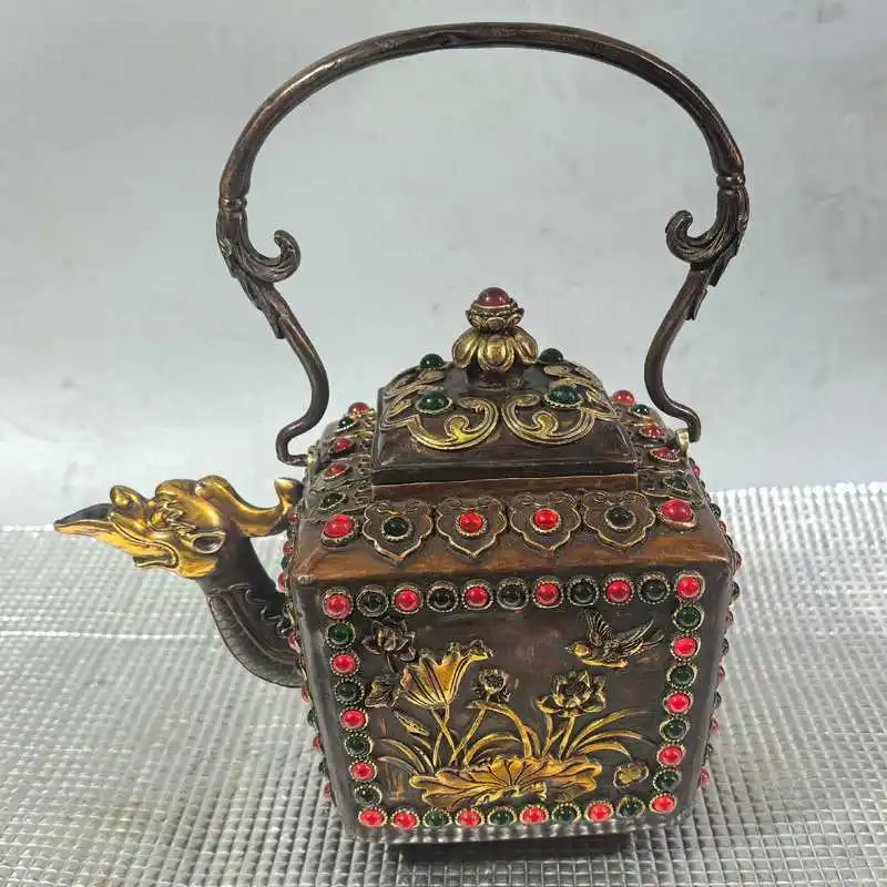 Large pure copper gilded gemstone inlay, carved with animal and bird motifs, hand-held teapot, craft item