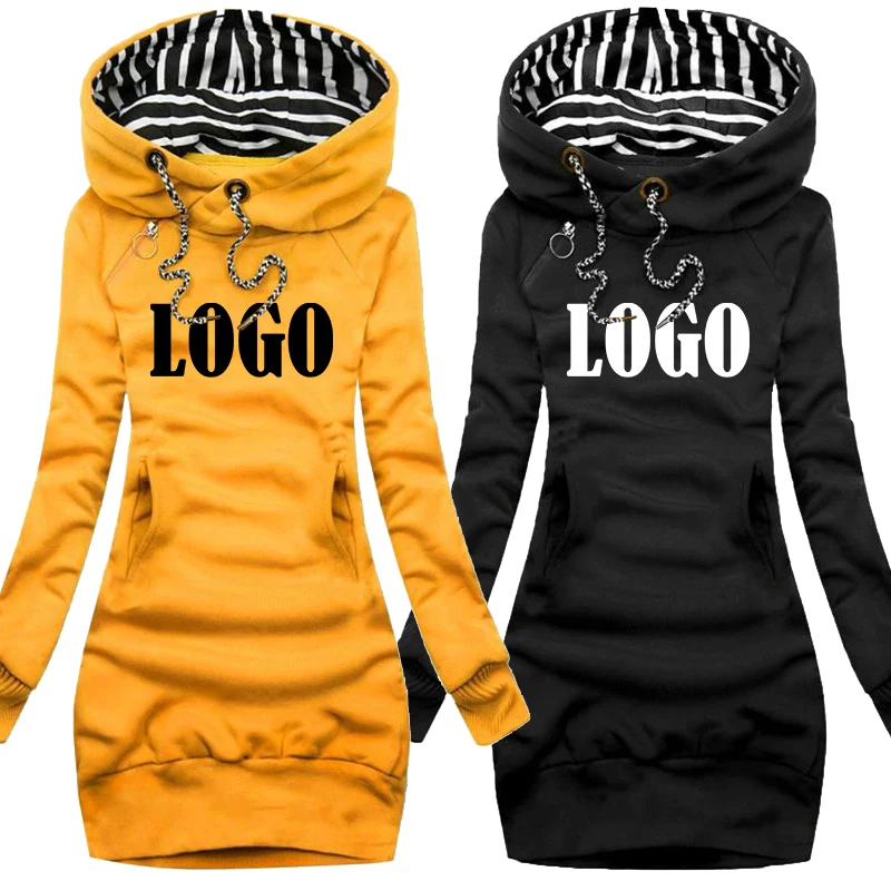 Customized Newest Women Hoodie Solid Color Hooded Long Sleeve Dress Hoodie Drawstring Sweatshirt Long Sweatshirt