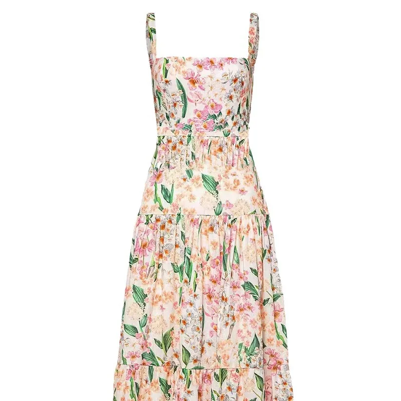 Transfrontalier printemps été nouveau doux et épicé Sle imprimé fleuri sangle a-ligne jupe Dr Ele taille Polyester tricoté Dr