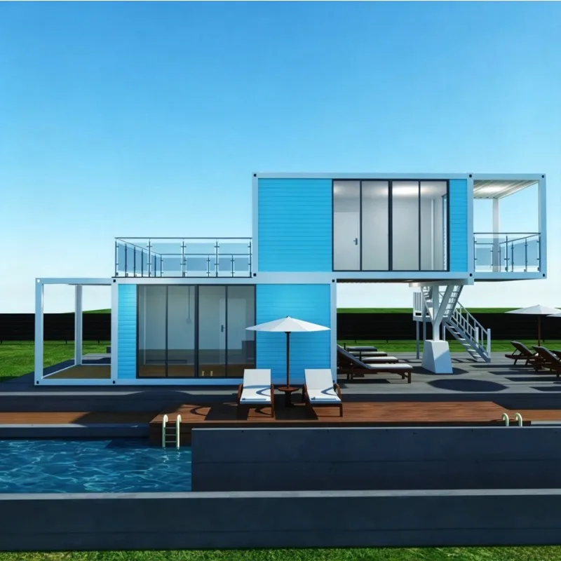 2-Storey Flatpack Container Club House with Glass Terrace Pool Villa Prefab Sports Leisure Modular Building CE
