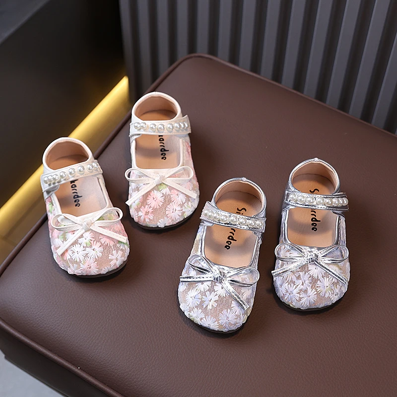 Autumn Girl's Mary Janes Pearl Mesh Embroidery Sweet Chic Kid's Flat Shoe Bowknot Anti-slip Charming Sweet Daily Children Shoes