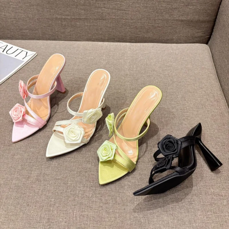 

New Summer Women's High-heeled Sandals, Fashionable Pointed-toe Flower Sexy Sandals, Outer Slippers, Mules