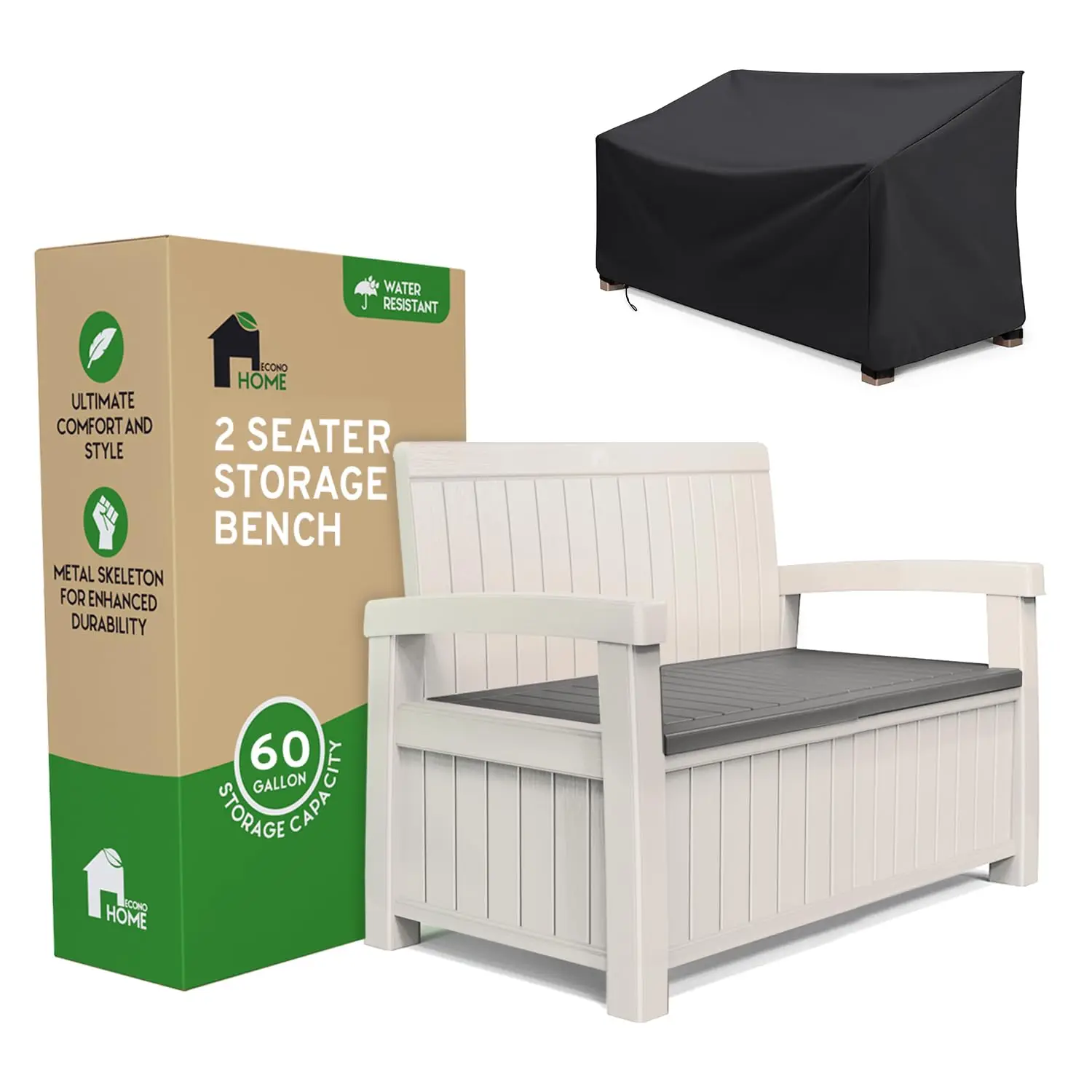2 Seat Outdoor Storage Bench with Rain Cover - 60 Gallon Capacity - Weatherproof Resin Bench for Patio, Porch, Garden