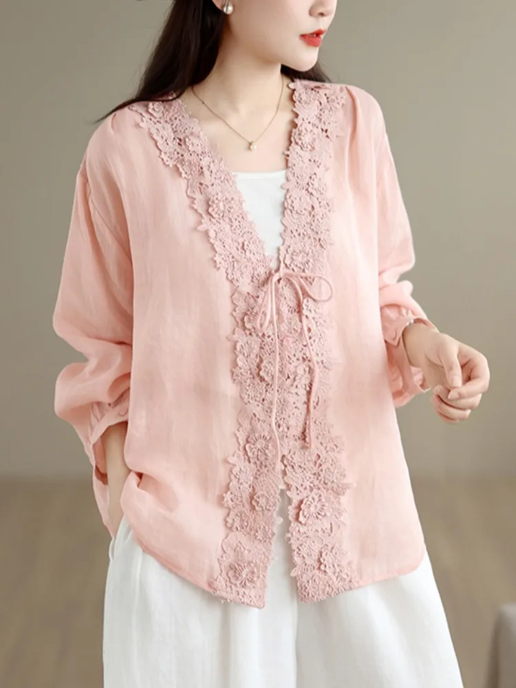 

French Style Embroidered Lace Shirt Women's Summer Design V-Neck Sun Protection Long Sleeve Loose Fit Linen Button-Down Cardigan